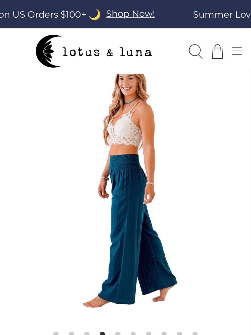 Lotus & Luna | Smocked-Waist Wide Leg Cotton Pants, Deep Teal - Picture 3 of 10